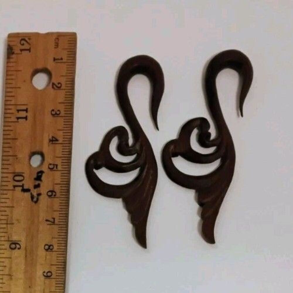 Carved Wood Tribal Wing Scroll Ear Hangers Tapers Gauges Pair